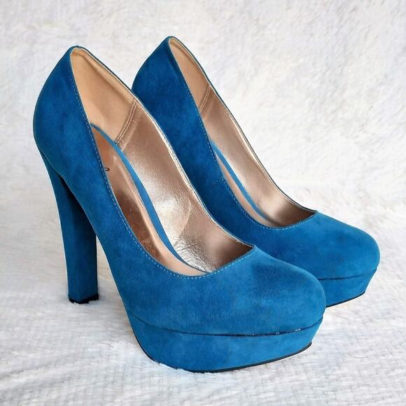 Qupid Teal Faux Suede Platform Pumps - Picture 1 of 8
